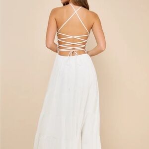 Lulu’s White Ruched Lace-Up Dress